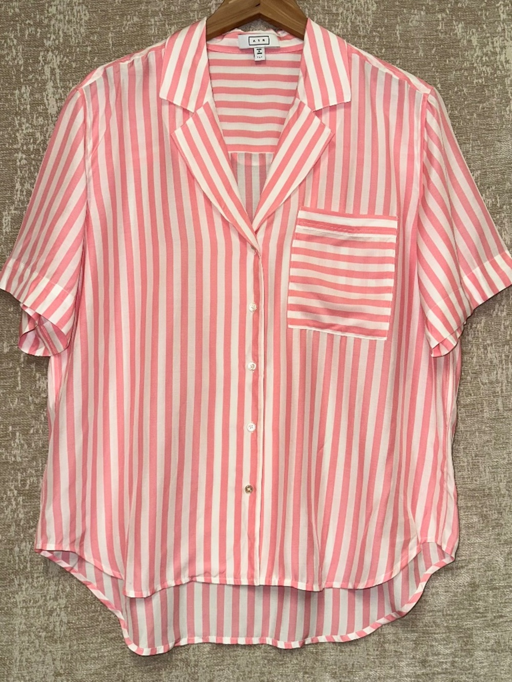 AYR Top Large Womens Pool Boy Pink Striped Silk Blend Shirt (Flamingo)